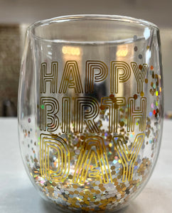 Glitter Happy Birthday Wine Glass