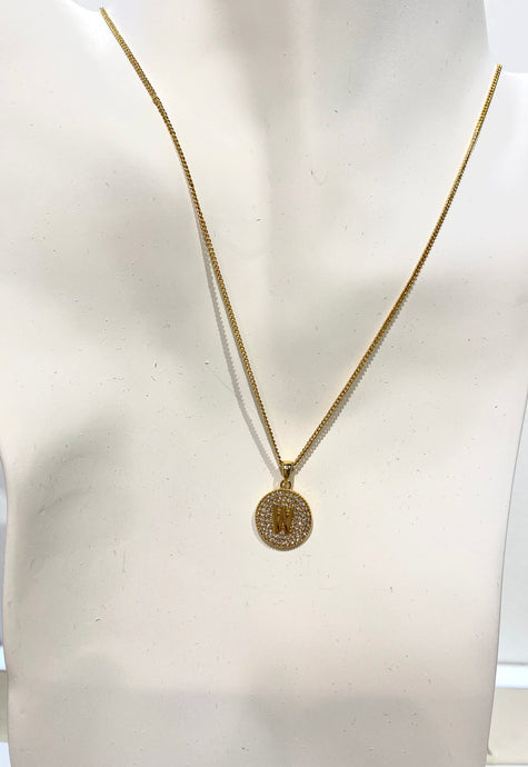 GS Round CZ Paved Initial Pendant Brass Necklace-W