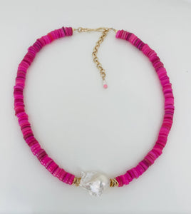 Knotty Bling Extra Large Pearl Hot Pink Shell Heishi Necklace