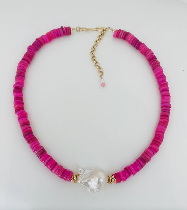 Knotty Bling Extra Large Pearl Hot Pink Shell Heishi Necklace
