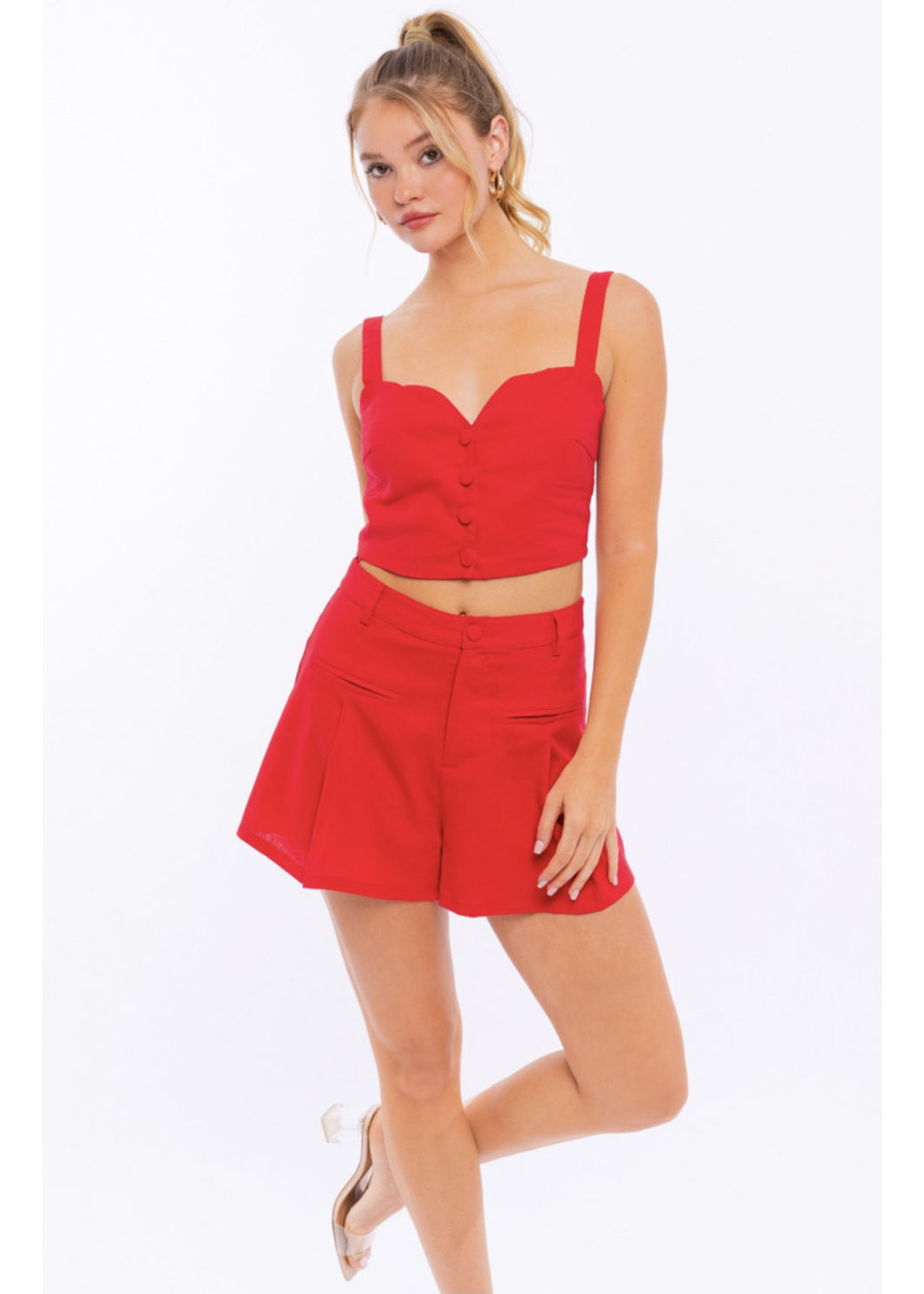 Red button front crop top